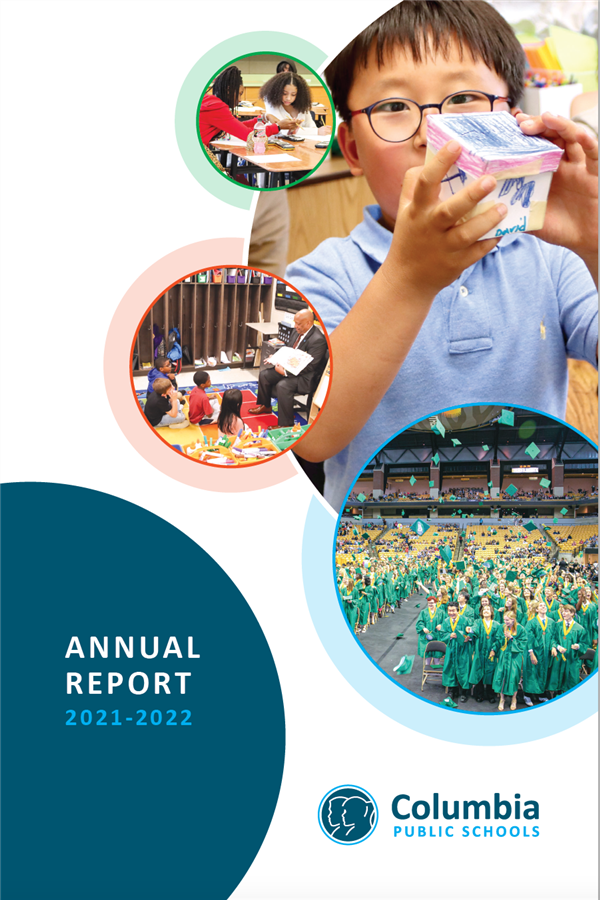 2022 CPS Annual Report Cover image with four circles feature students the words Annual Report 2021-22 and the CPS Logo
