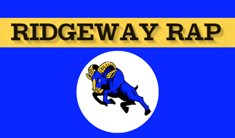   Ridgeway RAP black text on yellow ribbon. Ram logo in white circle underneath. On blue background