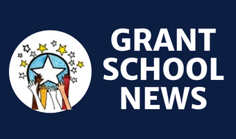 Grant logo on blue background w/ works Grant News