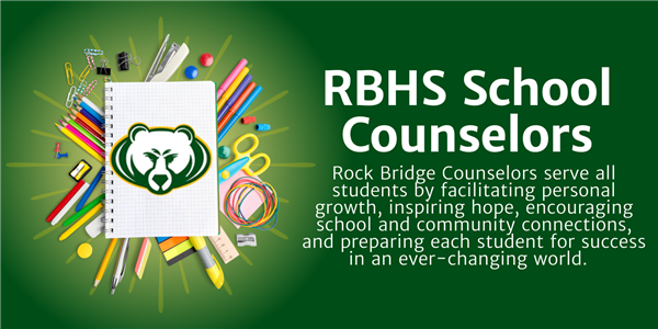 RBHS Bruin on graph paper surrounded by school supplies on an RBHS green background with the words School Counseling mission. RBHS Bruin on graph paper surrounded by school supplies on an RBHS green background with the words School Counseling mission.