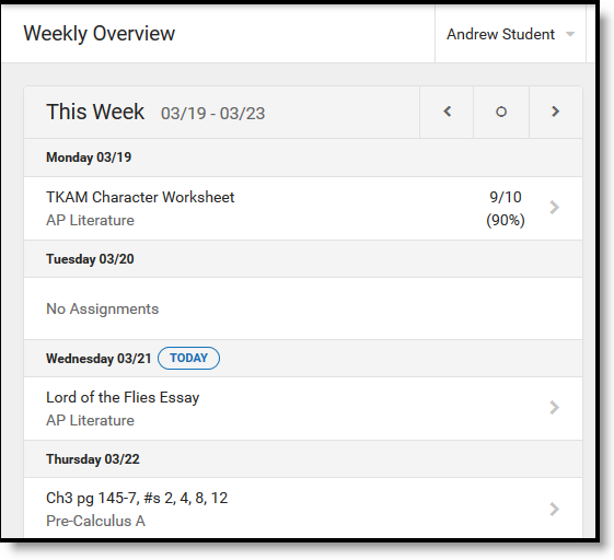 Weekly View filters the Calendar