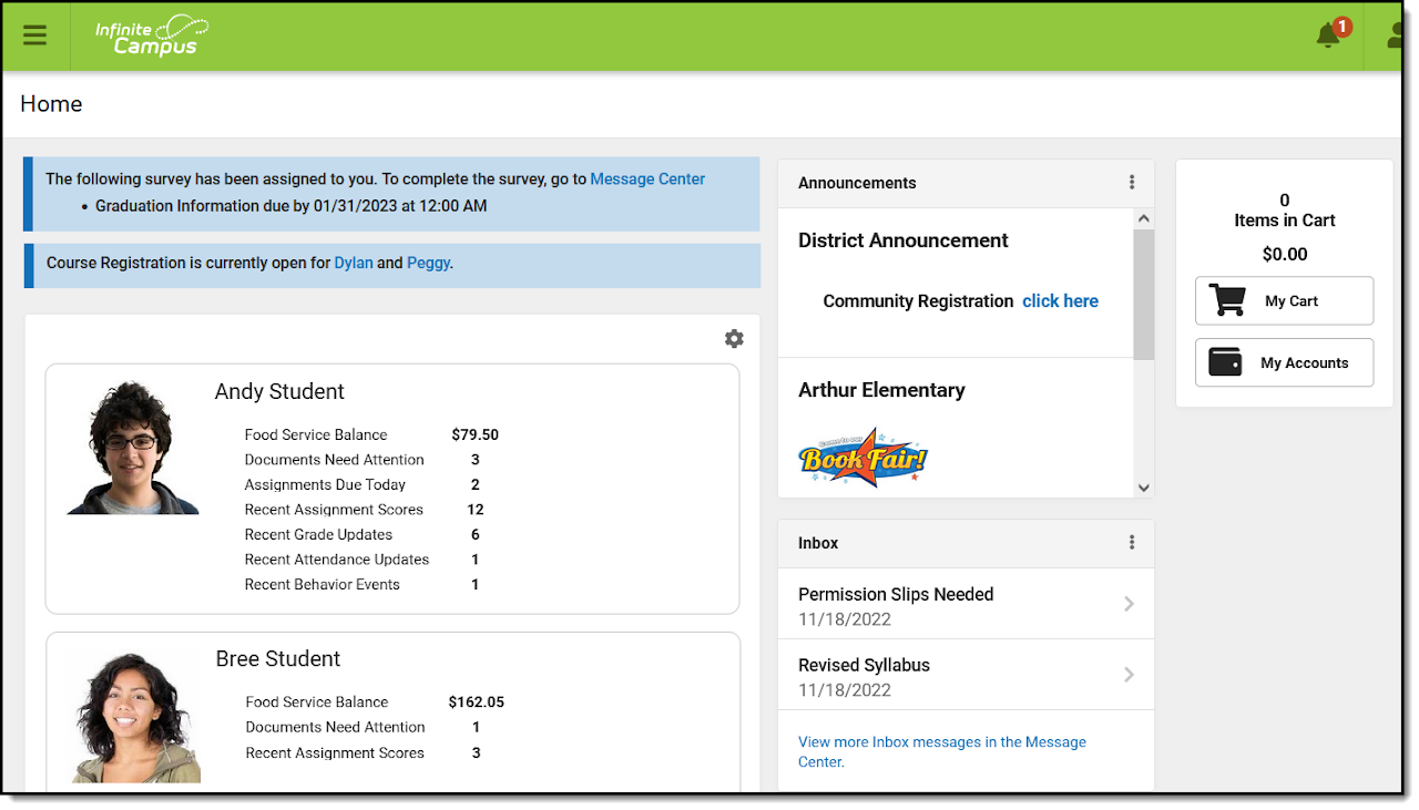 The Home screen displays all of a parent's students and summarizes information needing the parent's attention.